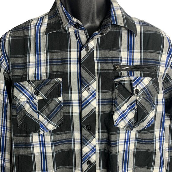 Eighty Eight Button Up Plaid Shirt L Black White Roll Tab Sleeves Chest Pockets - Picture 2 of 5